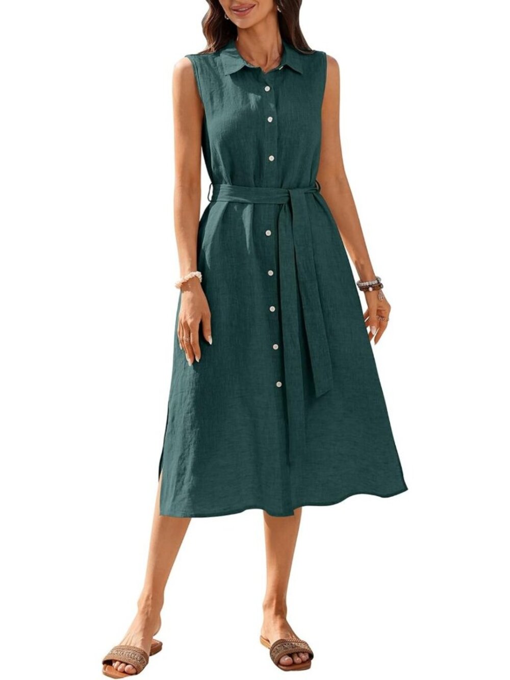 Linen Midi Dress for Women - Button Down, Collared, Sleeveless, Pocket, Summer